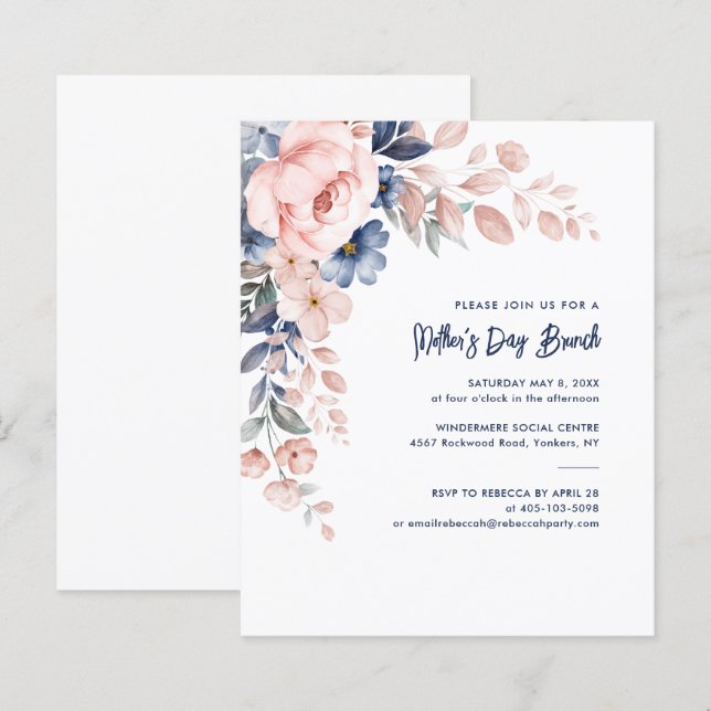 Papier Aquarelle rose Floral Fête des mères Brunch Invita (Devant / Derrière)