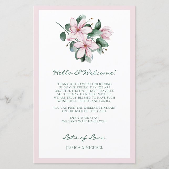 Papier Aquarelle rose Floral Mariage Itinéraire de bienve (Devant)
