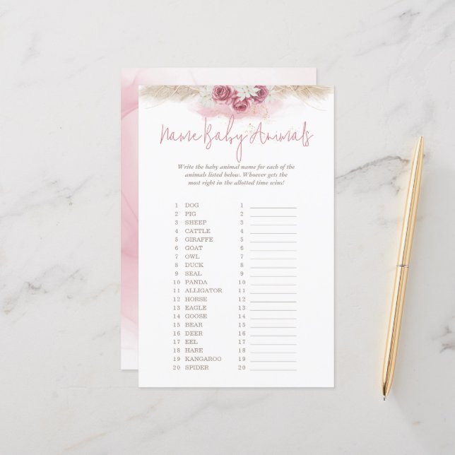 Papier Aquarelle rose Nom Bébé Animaux Baby shower Jeu (Devant/Arrière en situation)