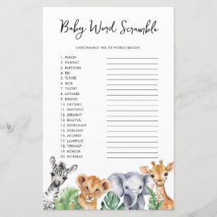 Papier Aquarelle Safari Baby shower Baby Word Scramble