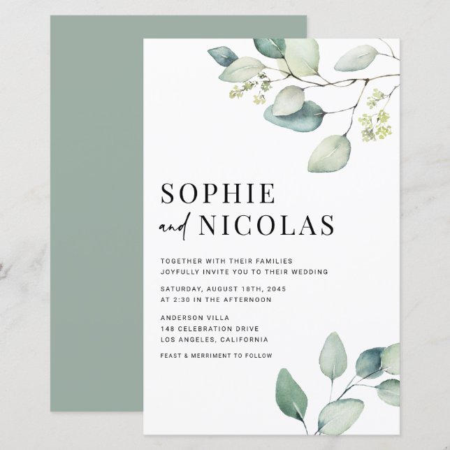 Papier Aquarelle Sage Green Eucalyptus Mariage Invitation (Devant / Derrière)