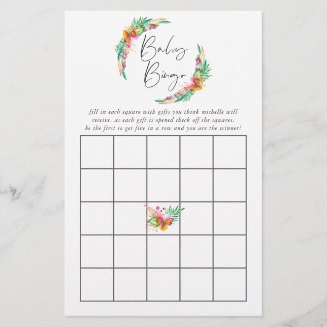 Papier Aquarelle Tropical Summer Beach Baby shower Bingo (Devant)