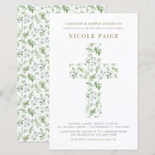 Papier Aquarelle Vert Croix Bébé Dédication Invitation