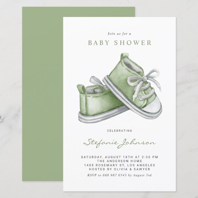 Papier Aquarelle verte Chaussures bébé Baby shower Invita (Devant / Derrière)