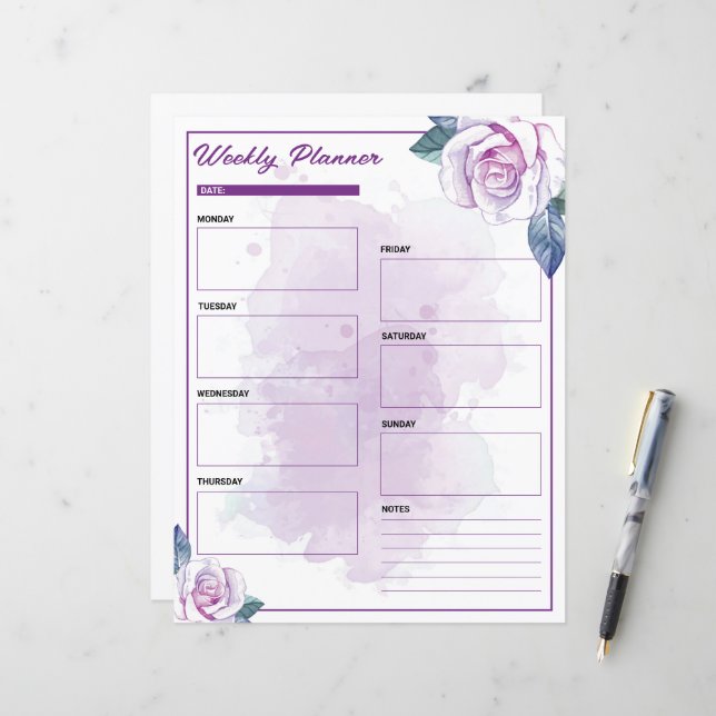 Papier Aquarelle violet Floral Planificateur hebdomadaire (Devant/Arrière en situation)