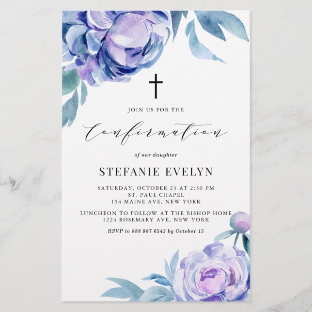 Papier Aquarelle Violet Peonies Confirmation Invitation (Devant)