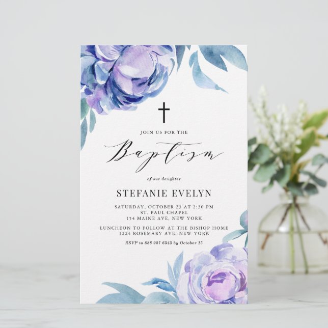 Papier Aquarelle Violet Peony Fleurs Baptême Invitation (Debout devant)