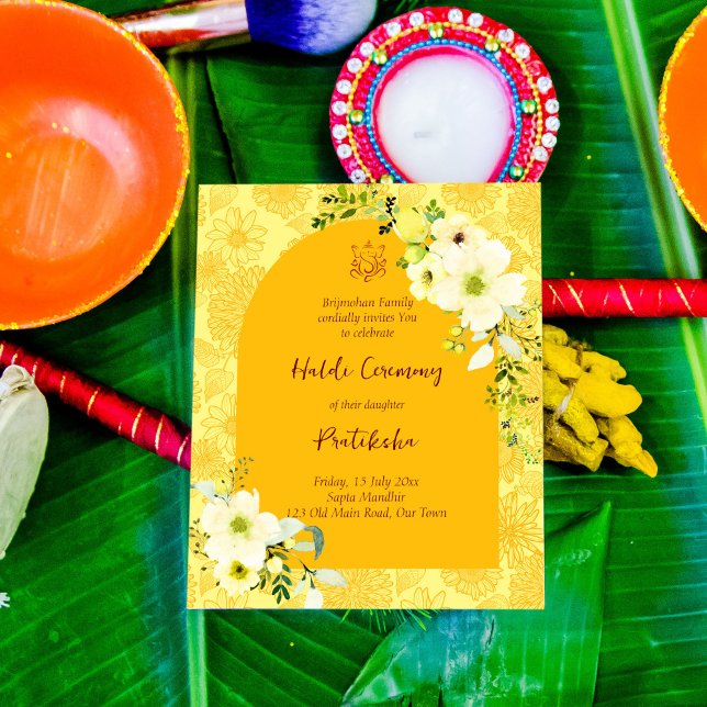 Papier Arc de fleurs jaunes Budget Haldi Invitation (Créateur téléchargé)