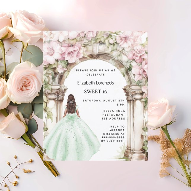 Papier Arc de fleurs roses vertes Sweet 16 invitation (Créateur téléchargé)