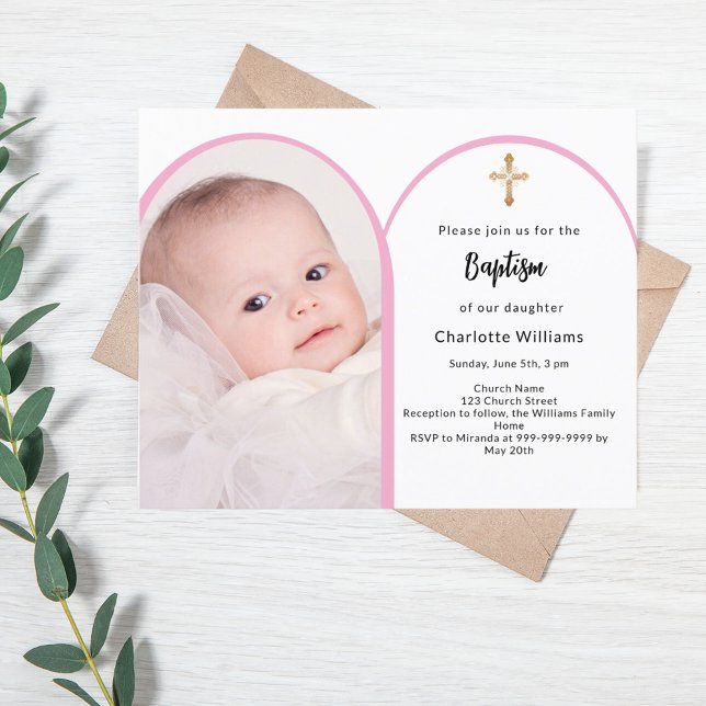 Papier Arc de photo rose fille traverser invitation Baptê (Créateur téléchargé)