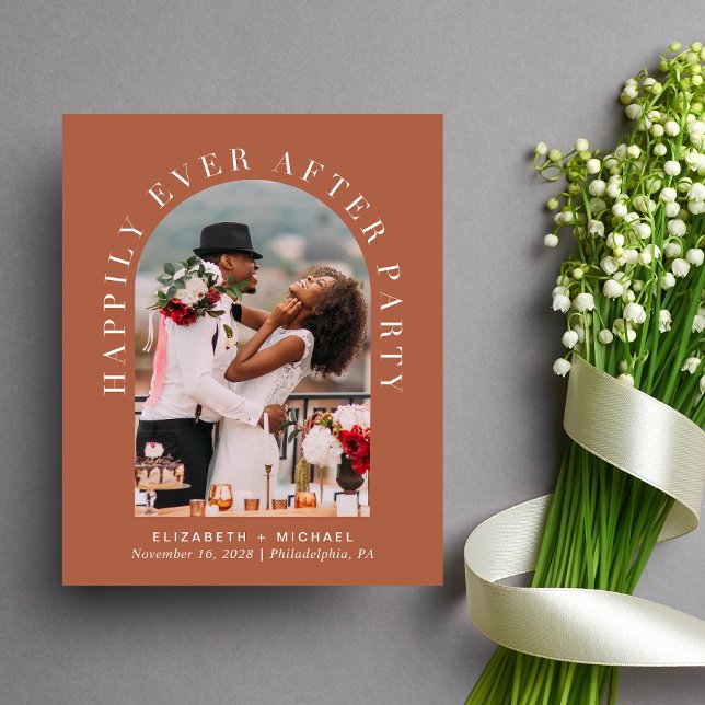 Papier Arch Photo QR Code Terracotta Réception Invitation (Celebrate your love story with an invitation showcasing your favorite photo in an elegant arch frame)