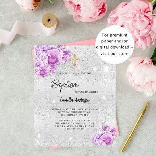 Papier Argent fleurs roses fille budget Baptême invitatio