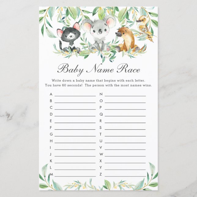 Papier Australian Animals Baby Name Race Baby shower Jeu (Devant)