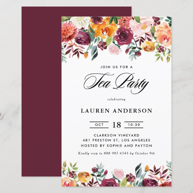 Papier Automne Blooms Garland Bridal Tea Party Invitation (Devant / Derrière)