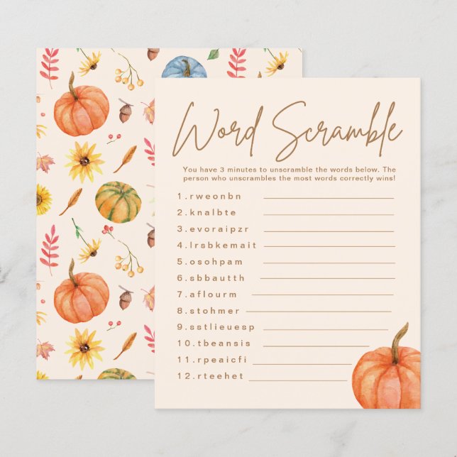 Papier Automne Citrouille Word Scramble Baby shower Jeu (Devant / Derrière)
