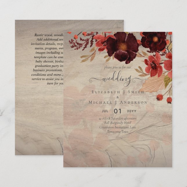 Papier Automne Floral Mariage Terracotta Bourgogne Rouge (Devant / Derrière)