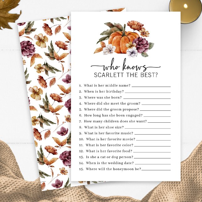 Papier Automne Qui Connaît Le Jeu De La Mariée (Fall Who Knows The Bride Game Fall In Love Bridal Shower Pumpkin Florals by Painted Paperie)