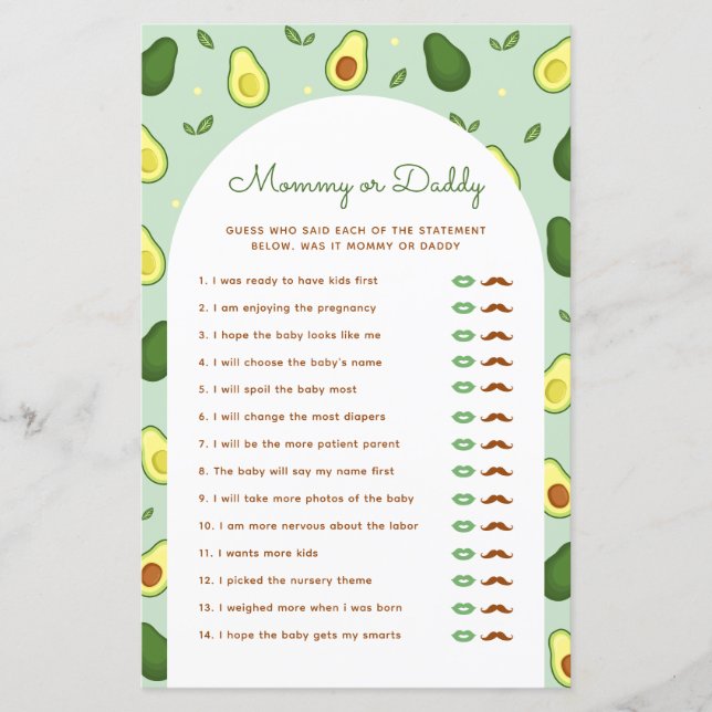 Papier Avocado Mommy ou Daddy Baby shower Game (Devant)