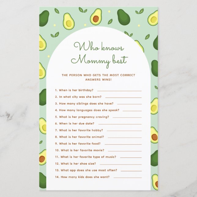 Papier Avocado Qui Connaît Mommy Meilleur Baby shower Jeu (Devant)