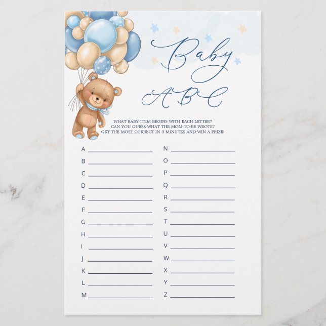 Papier Baby Alphabet ABC Jeu Teddy Bear Baby shower (Devant)