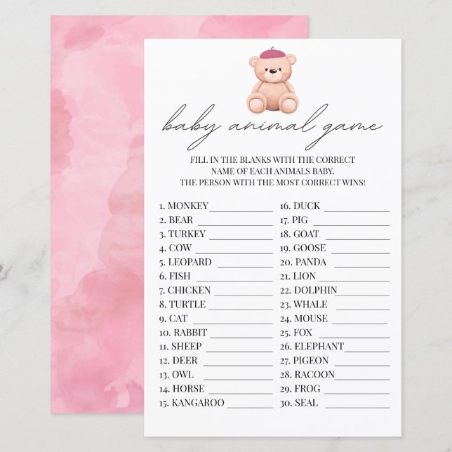 Papier Baby Animal Game Français Bonjour Bebe Aquarelle (Devant / Derrière)