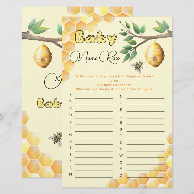 Papier Baby Bee Baby shower Baby Name Race Jeu (Devant / Derrière)