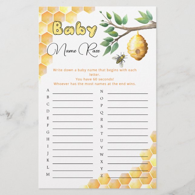 Papier Baby Bee Baby shower Baby Name Race Jeu (Devant)