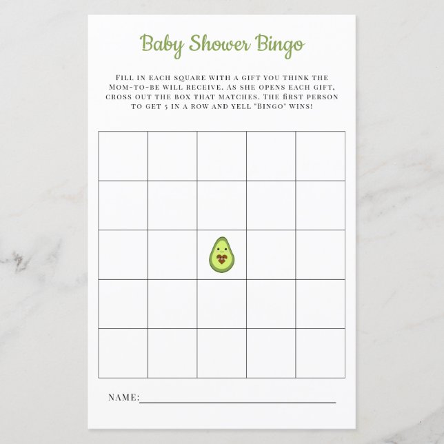 Papier Baby Bingo Card Kawaii Avocado Baby shower Jeu (Devant)
