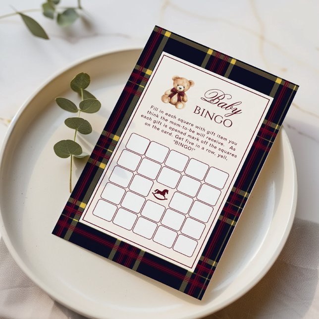 Papier Baby Bingo Teddy Bear Red Plaid Baby shower jeu (Créateur téléchargé)