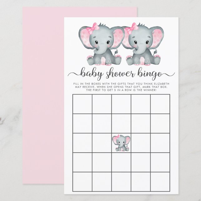 Papier Baby Bingo Twin Girls Elephant Shower Game (Devant / Derrière)