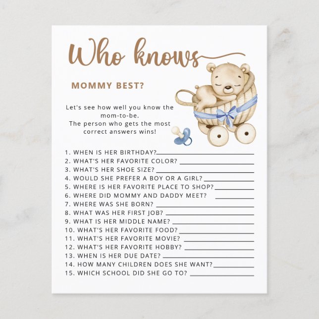 Papier Baby Boy baby shower devinez combien de nounours (Devant)