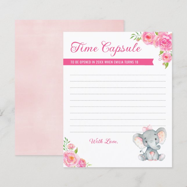 Papier Baby Girl Elephant 1er Anniversaire Heure Capsule  (Devant / Derrière)