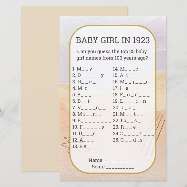 Papier Baby Girl Name Remplir dans le jeu de Baby shower  (Devant / Derrière)