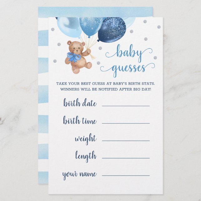 Papier Baby Guesses Prédictions Baby shower Teddy Bear (Devant / Derrière)