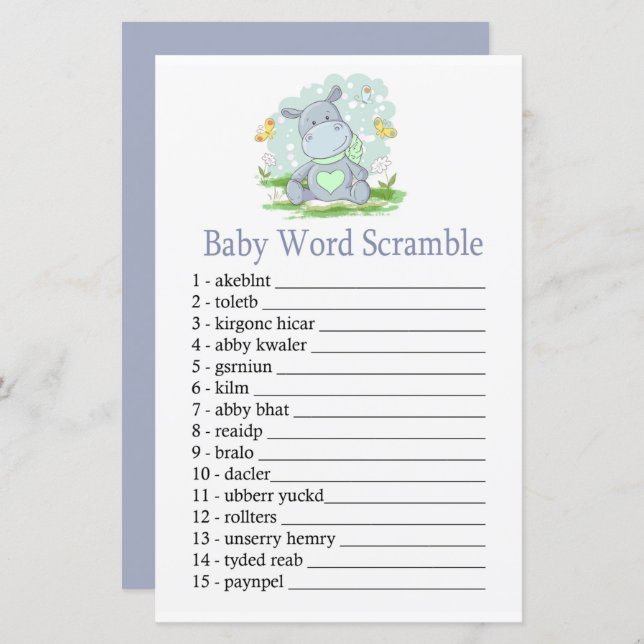 Papier Baby Hippo Baby jeu de mots scramble (Devant / Derrière)