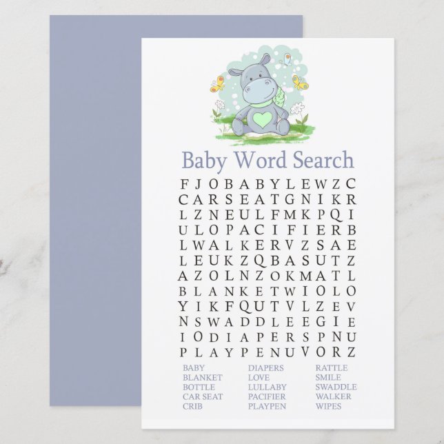 Papier Baby Hippo Baby shower Mot de recherche Jeu (Devant / Derrière)
