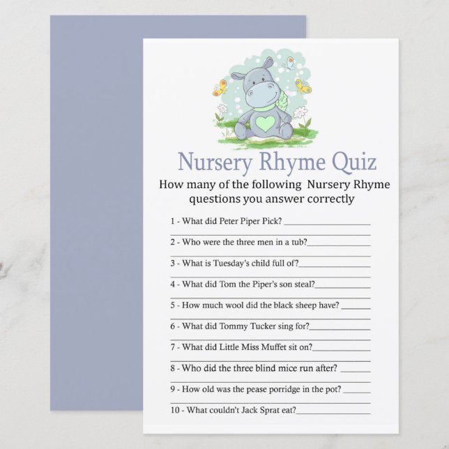 Papier Baby Hippo Nursery Rhyme Quiz jeu de baby shower (Devant / Derrière)