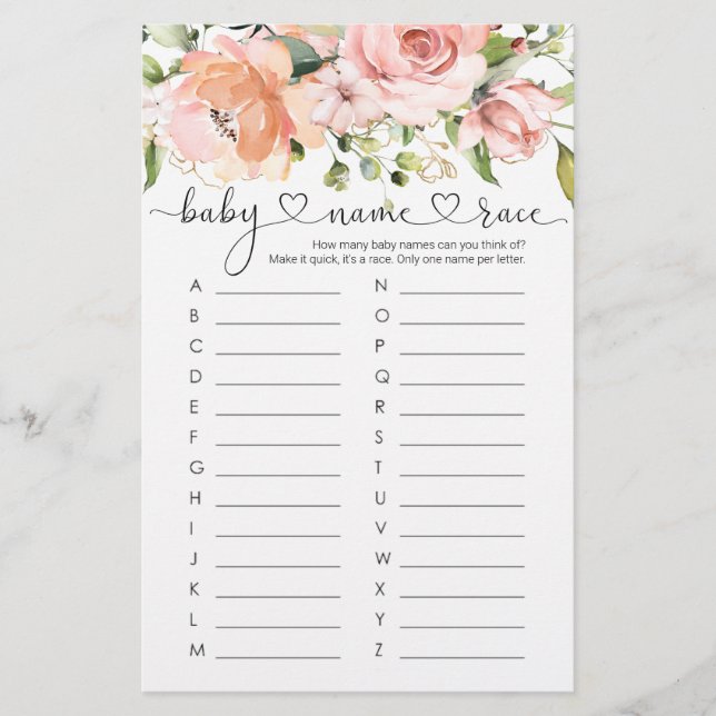 Papier Baby Name Race Jeu, Floral Rose Baby shower Jeu (Devant)