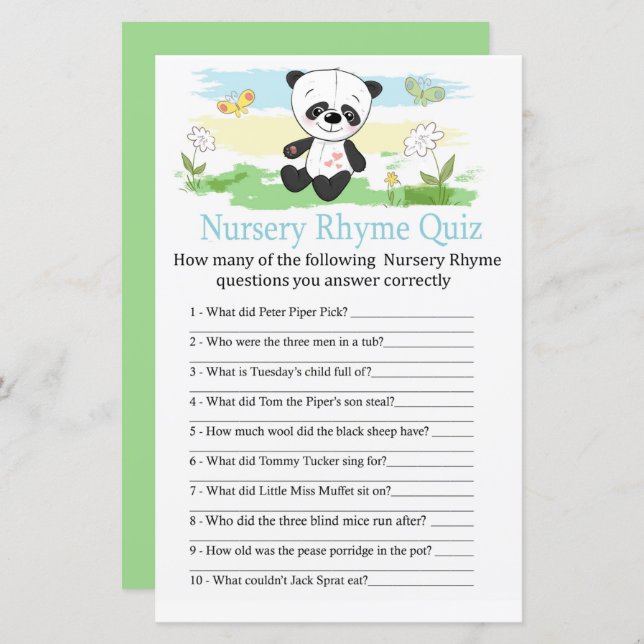 Papier Baby panda Nursery Rhyme Quiz jeu de baby shower (Devant / Derrière)