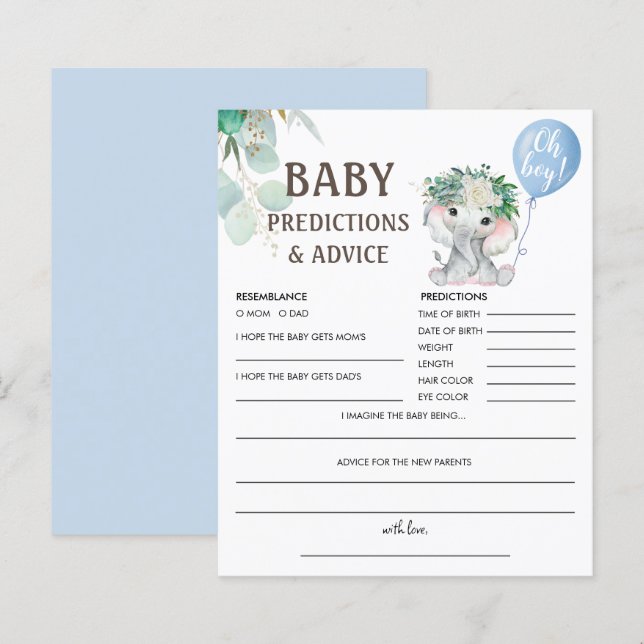 Papier Baby Predictions | Elephant Blue Balloon Game (Devant / Derrière)