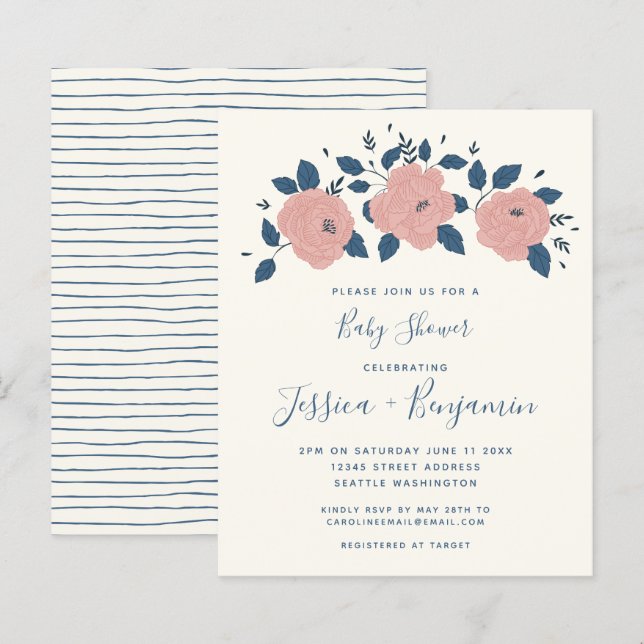 Papier Baby shower à fleurs de jardin bleu élégant et éco (Devant / Derrière)