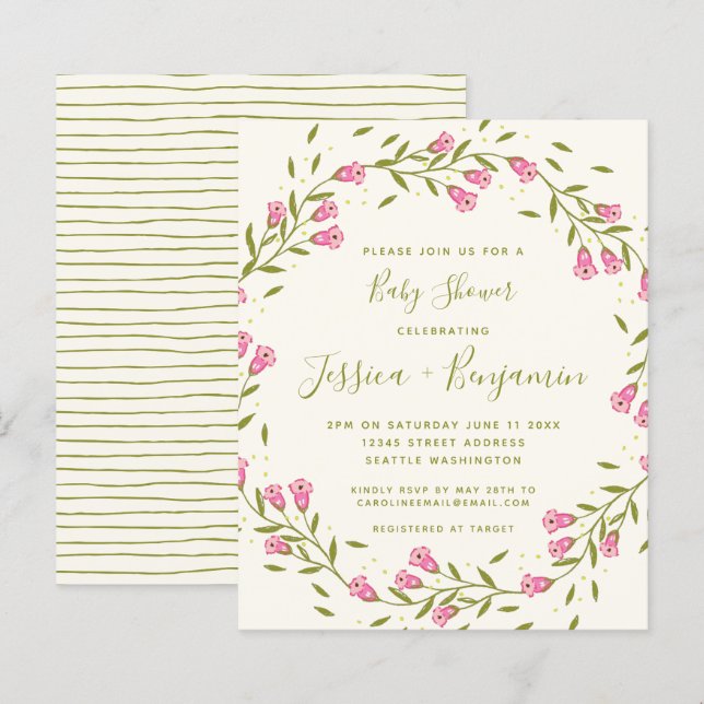 Papier Baby shower à fleurs de jardin rose élégant et éco (Devant / Derrière)