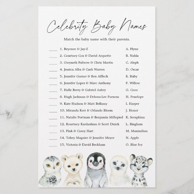 Papier Baby shower Arctique Celebrity Baby Names Jeu (Devant)