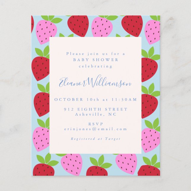 Papier Baby shower aux fraises bleu rose (Devant)