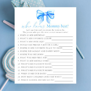 Papier Baby shower avec un ruban bleu Qui connaît le mieu