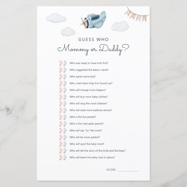 Papier Baby shower Avion Aventure Devinez Qui Joue (Devant)