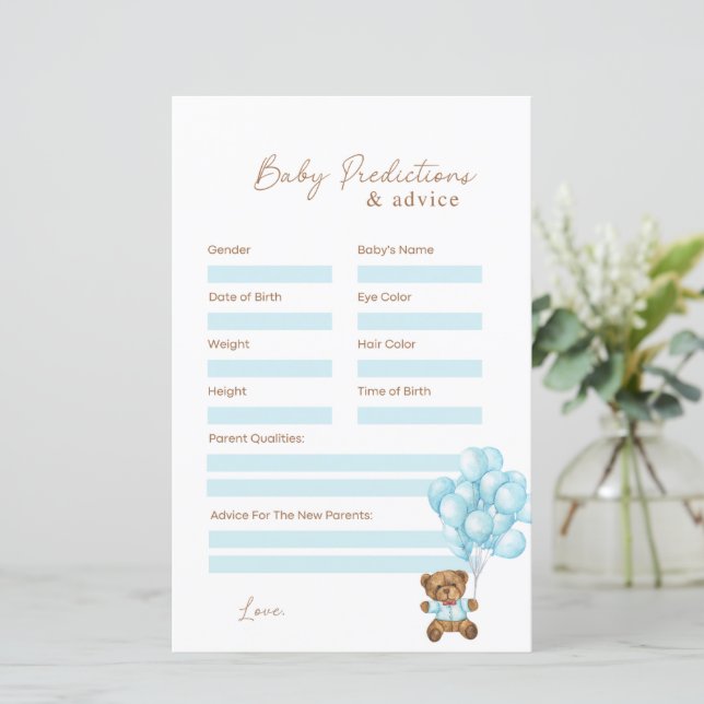 Papier Baby shower Bébé Bleu Ours Prédictions et conseils (Debout devant)
