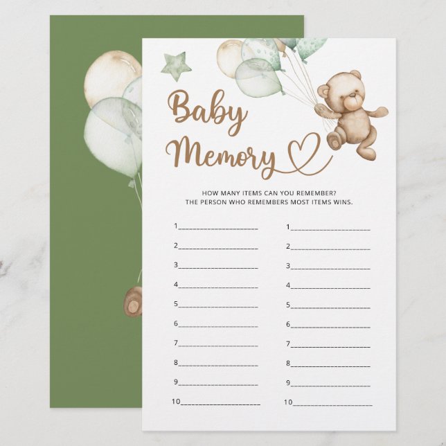 Papier Baby shower bébé Mémoire Teddy Ours (Devant / Derrière)