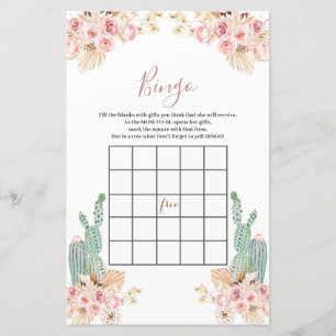 Papier Baby shower Bingo Boho Cactus Fleurs roses