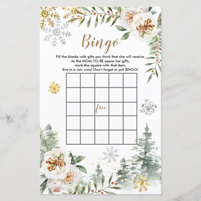Papier Baby shower Bingo Hiver Blanc Floral Pins Arbres (Devant)